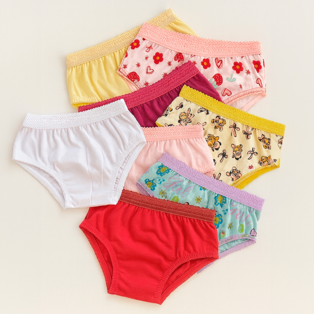 Kit 5 Calcinhas Infantis Lisas e Estampadas – 100% Algodão Macio