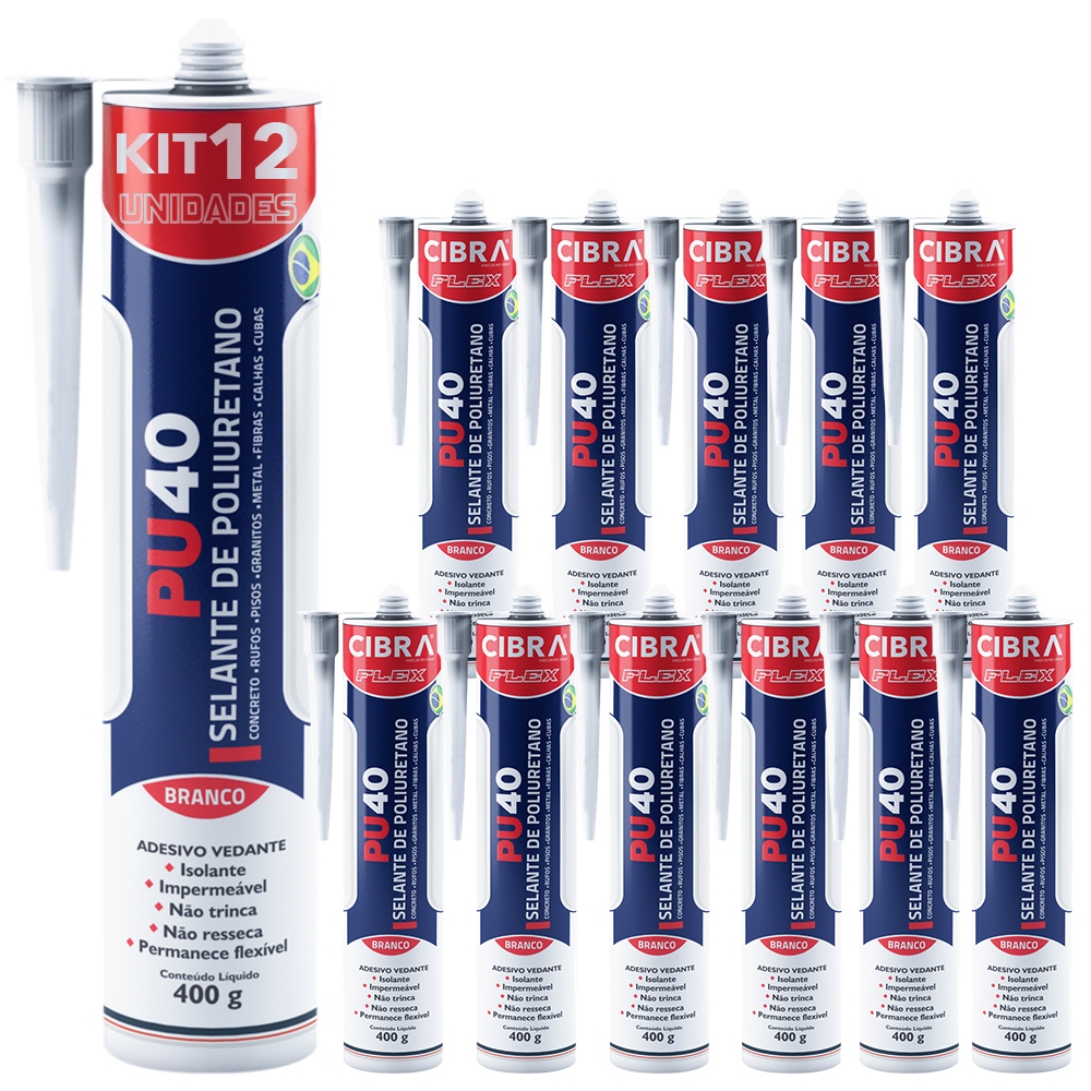 Kit 12 Selantes PU 40 Selante de Poliuretano Adesivo Vedante Cibra Flex Branco