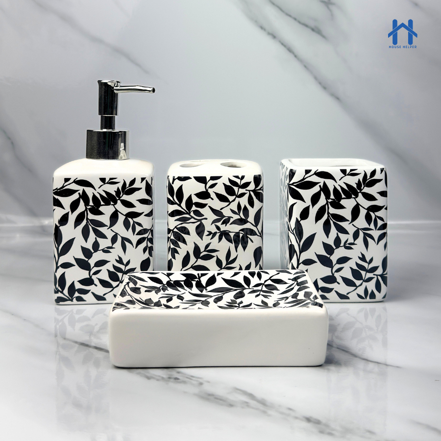 Kit de Banheiro Cerâmica 4 Peças Porta Sabonete Líquido /Saboneteira/Porta Escova/Porta algodão 304 em Oferta na Shopee