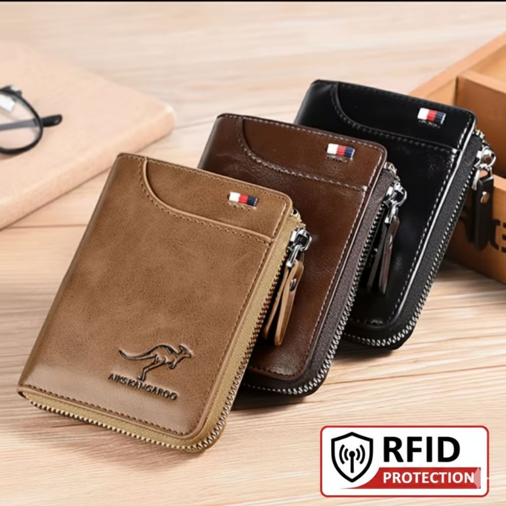 Carteira Masculina de Couro Com Zíper Luxo Proteção RFID Suporte De Cartão