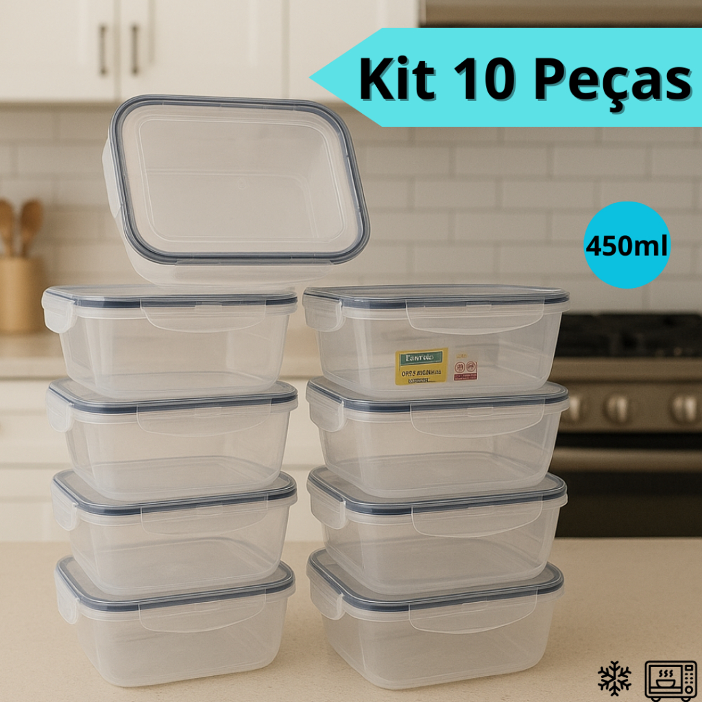 Kit 10 ou 5 Potes Vidro Hermético 450ml Retangular Mantimentos Marmita Premium