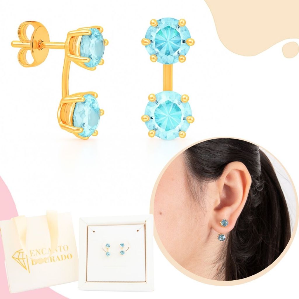 Brinco Feminino Zircônia Ear Jacket Banhado A Ouro Presente Ponto De Luz Azul Celeste