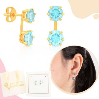 Brinco Feminino Zircônia Ear Jacket Banhado A Ouro Presente Ponto De Luz Azul Celeste