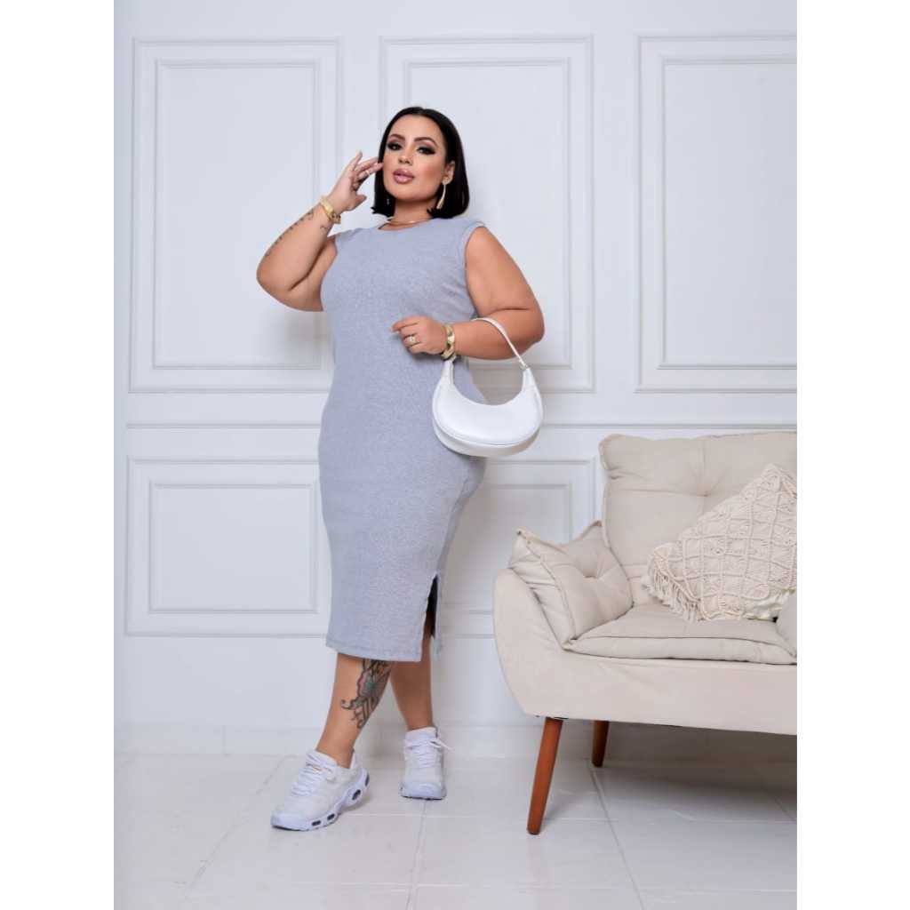Vestido Midi Plus Size Premium | Estilo Curve Canelado, Gola Redonda e Alça Confortável