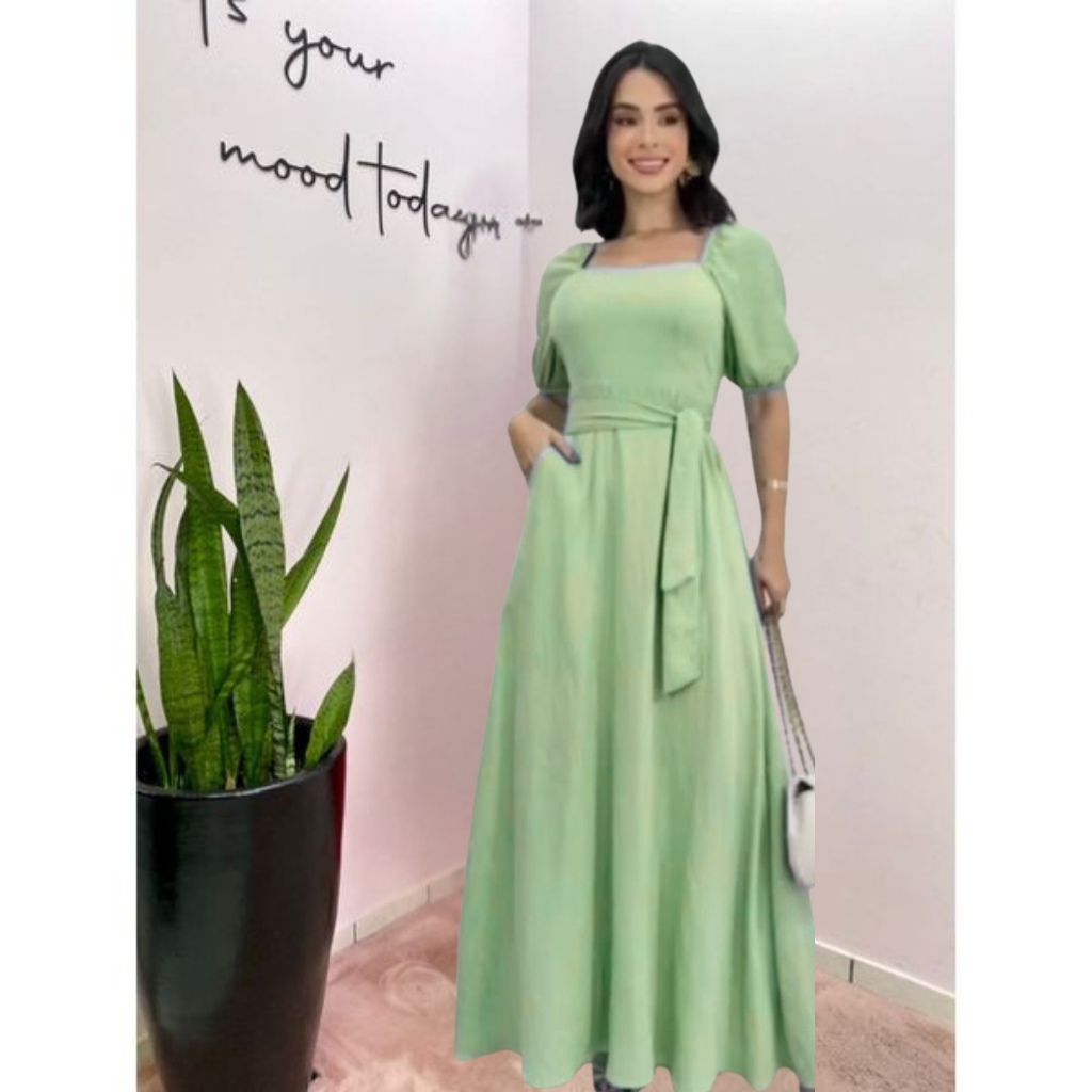 vestido mídi com ELASTICO NA MANGA, forrado y com bojo — imagem 2 de 2