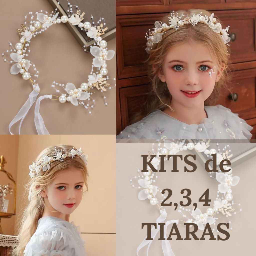 Tiara Daminha de Honra Florista Coroa de Flores e  Perolas Arranjo Enfeite Cabelo Batizado Formatura 1,2,34