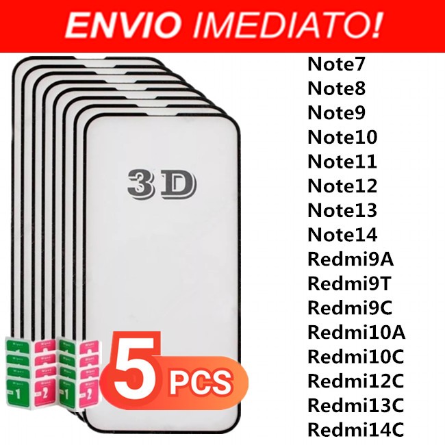 Kit 5 Peças Película Vidro Temperado 3D EspessuraMax Redmi Note 6 7 8 9 10 11 12 13 14 9A 9T 9C 10A 10C 12C 13C 14C