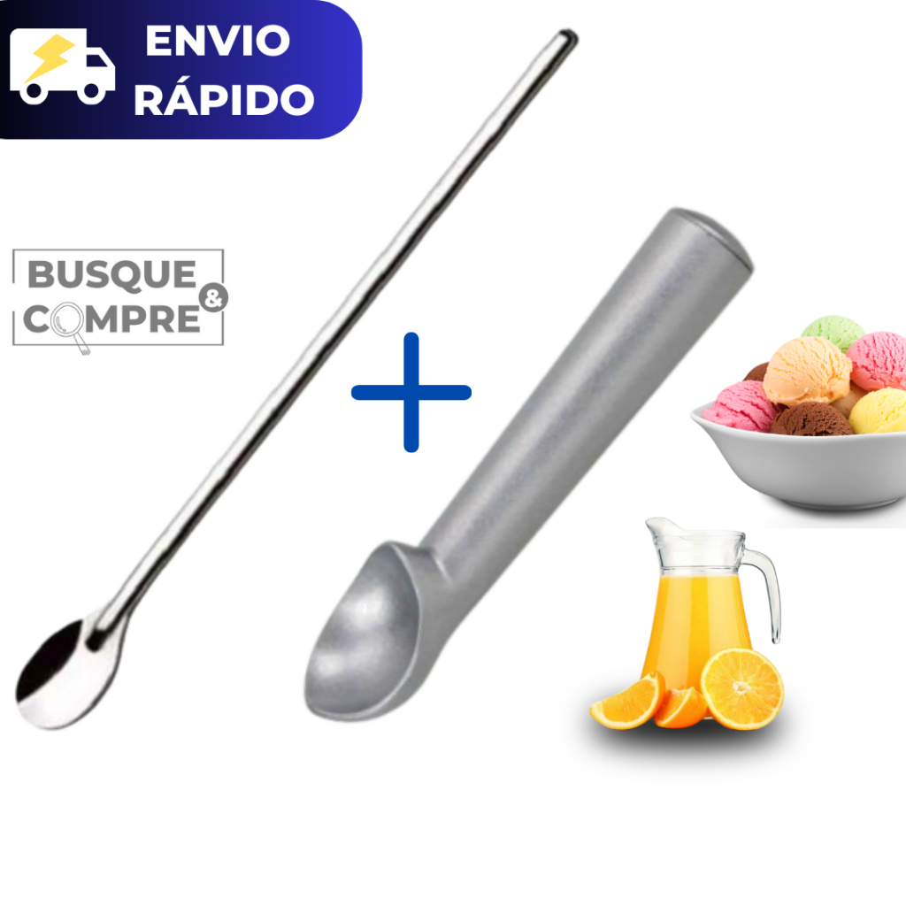 Kit Colher Suco Grande 30cm + Colher de Sorvete Açai Tipo Concha Bolas para Cozinha de Qualidade
