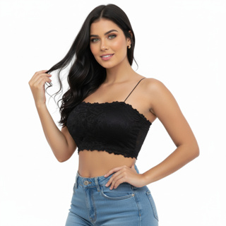 Top Faixa Cropped Feminino de Renda Com Bojo e Forro em Oferta na Shopee
