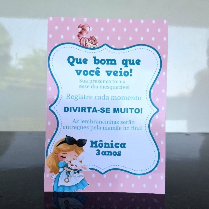 Plaquinha de Centro de Mesa Festa Infantil Alice no País das Maravilhas Personalizada Lembrancinha Mesa Aniversário