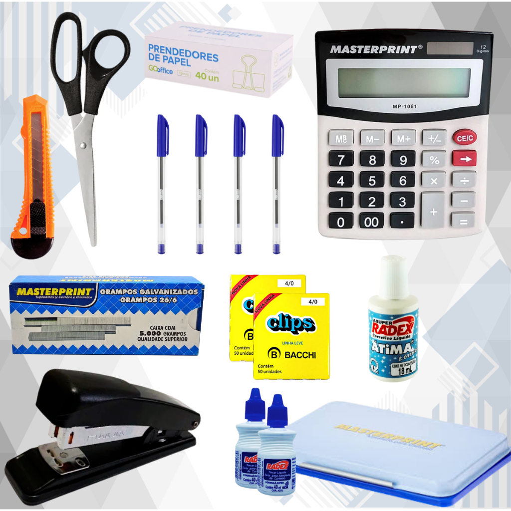 Kit Utensílios para Escritório Calculadora + Grampeador + Tesoura + Almofada para Carimbo e Mais