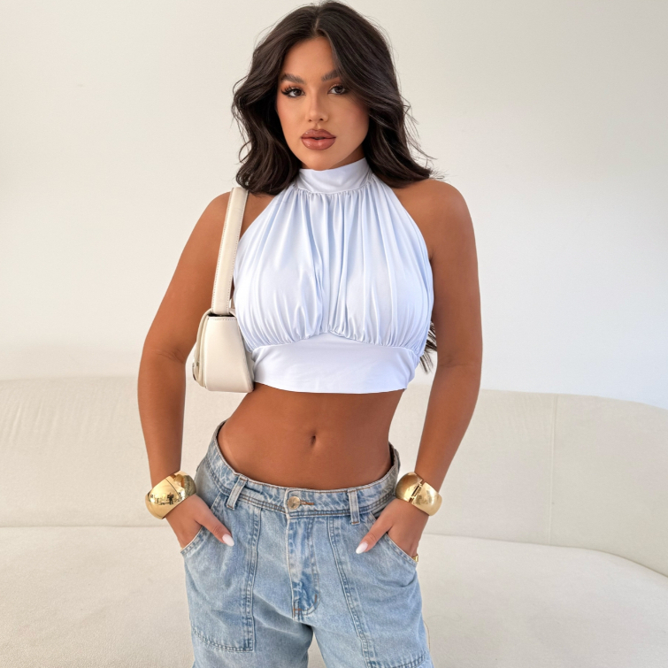 Cropped Feminino Balone Chique Com Bojo E Costas Abertas Amarrar Pescoço Com Elastico em Oferta na Shopee