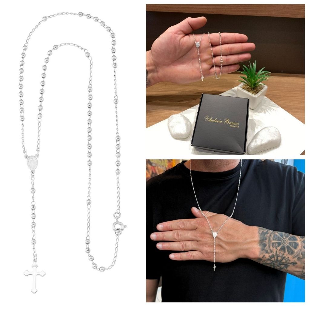 Terço Católico Masculino Corrente Prata 925 Banhada Colar Masculino Prateado Banho Antialérgico Marca Andreia Branco Ace