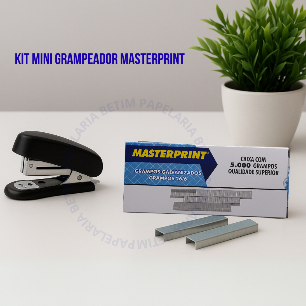 Kit Grampeador Mini MP 305 + 5.000 Grampos Galvanizados 26/6 Escritório Escolar MASTERPRINT