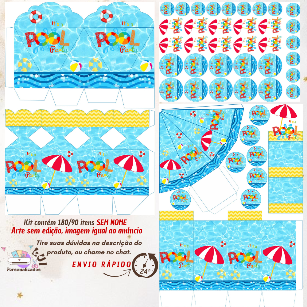 KIT COM 180/90 ITENS LEMBRANCINHAS S/COM NOME TEMA: POOL PARTY (Envio Rápido) em Oferta na Shopee