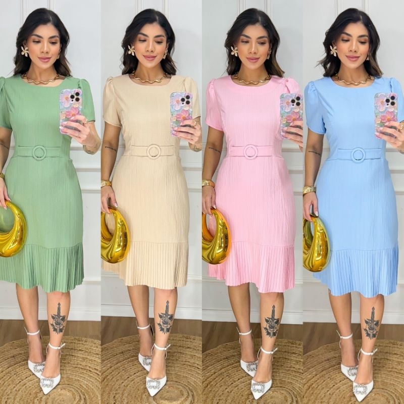Vestido midi gola redonda saia barra plisado em Oferta na Shopee