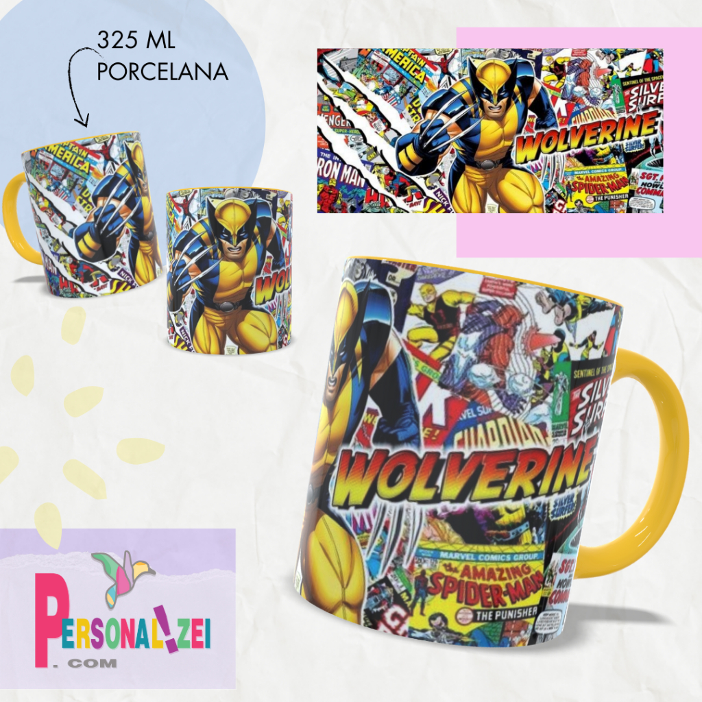 Caneca Porcelana Wolverine Personalizada Alça e Interior Amarelo Xícara Porcelana Presente Wolverine