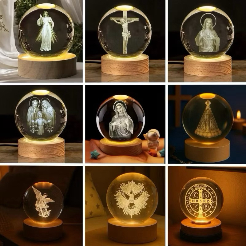 Luminária De Mesa Bola De Cristal 3d Abajur Led Decorativa Catolico Modelo Grande