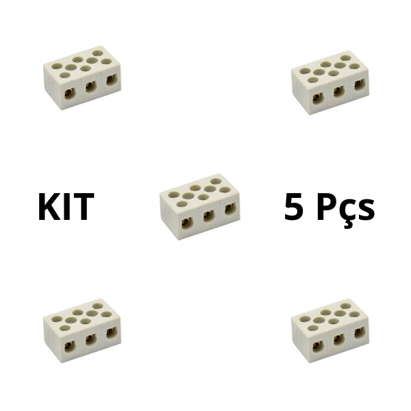 Kit 5 Conectores de Louça 16mm 3 Polos Conector de Porcelana Conector p/ cabo Chuveiros Torneiras Emendas
