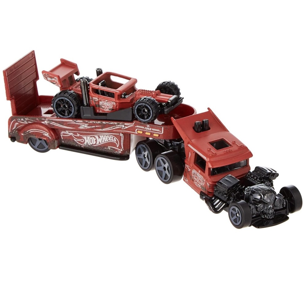 caminhão caveira 8 rodas Bone Shaker com carreta transporta carrinho e hot wheels carro de corrida Pack