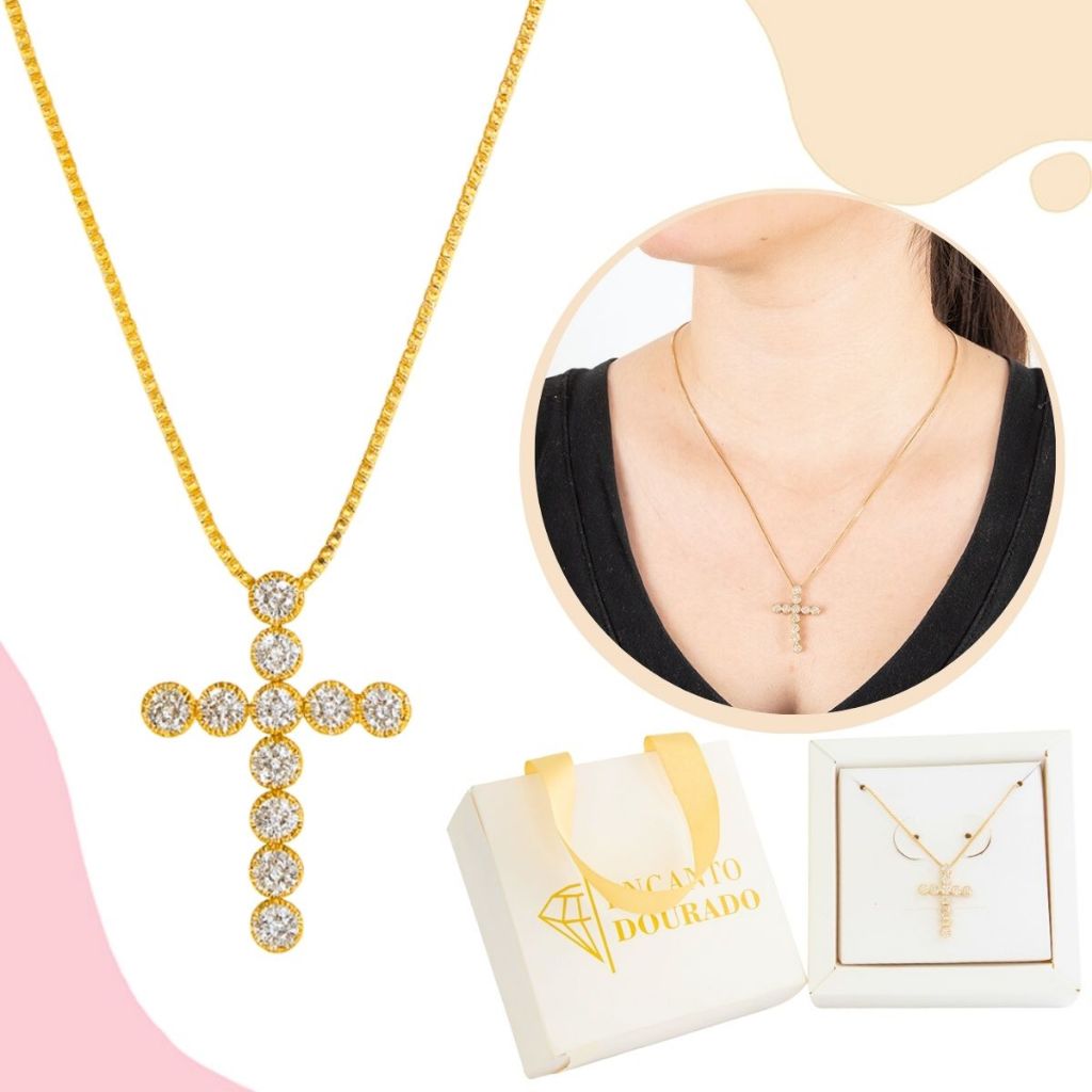 Colar Feminino Pingente Crucifixo Brilhante Cruz De Zircônia Dourado Pingente Cruz Cravejada Fé Corrente Veneziana