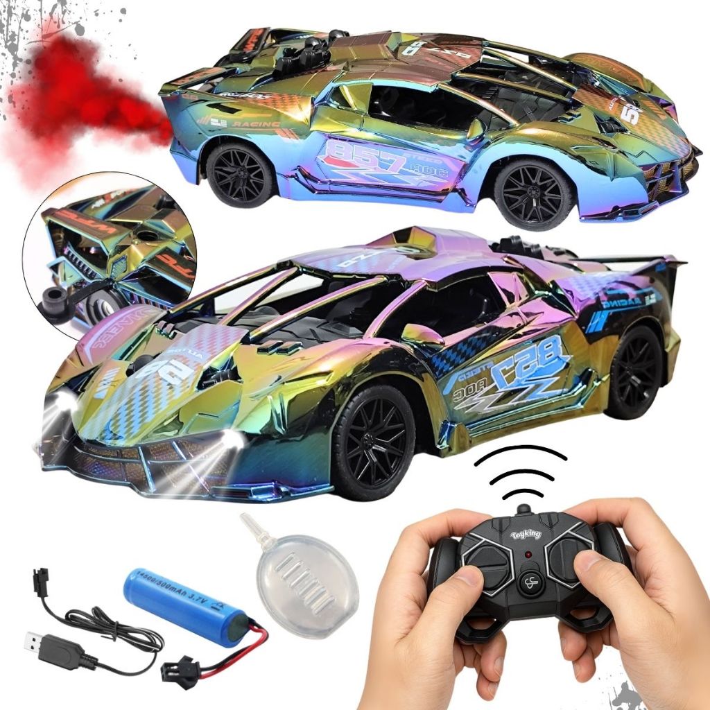 Super Carrinho de Controle Remoto Solta Fumaça Corrida 2.4Ghz Colorido Carro Cromado Led…