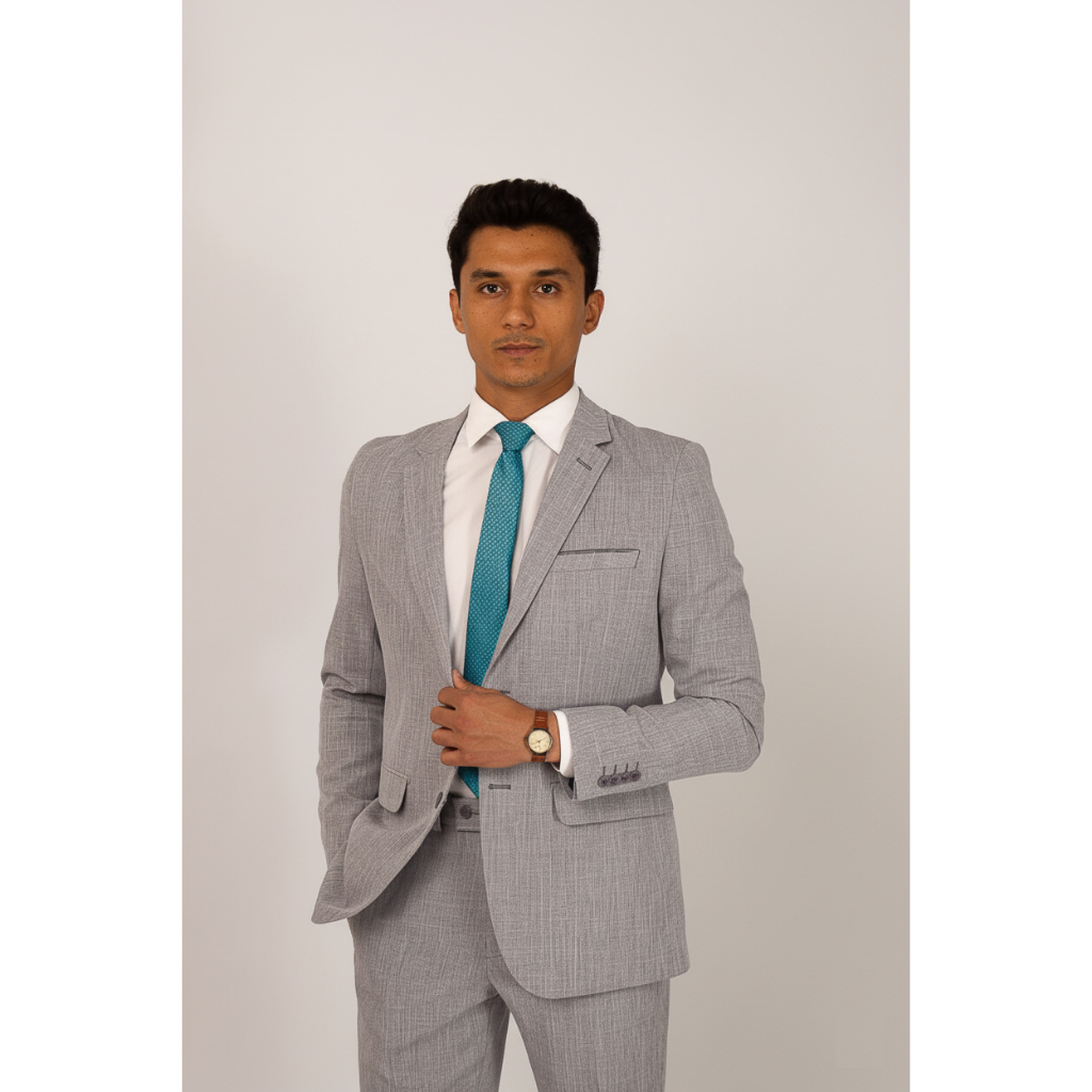 Terno Masculino Cinza Claro textura tipo linho no tecido poliéster e aviamentos de alta qualidade