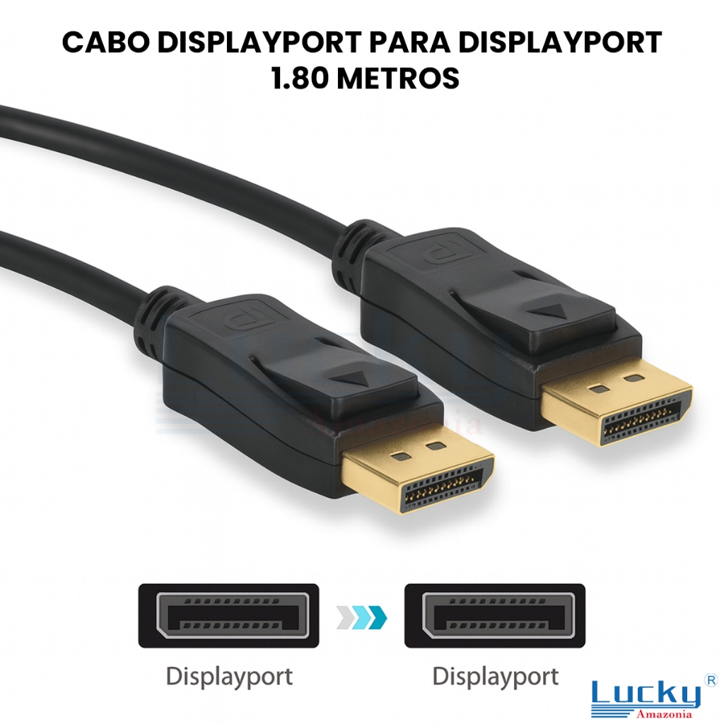 Cabo DisplayPort para DisplayPort Blindado 144Hz 1.80 Metros Placa de Vídeo Console Monitor Projetor