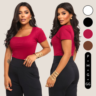 Blusa Feminina Gola Quadrada Ribana Canelada Premium Manga Curta Baby Tee Decote Quadrado Trabalho