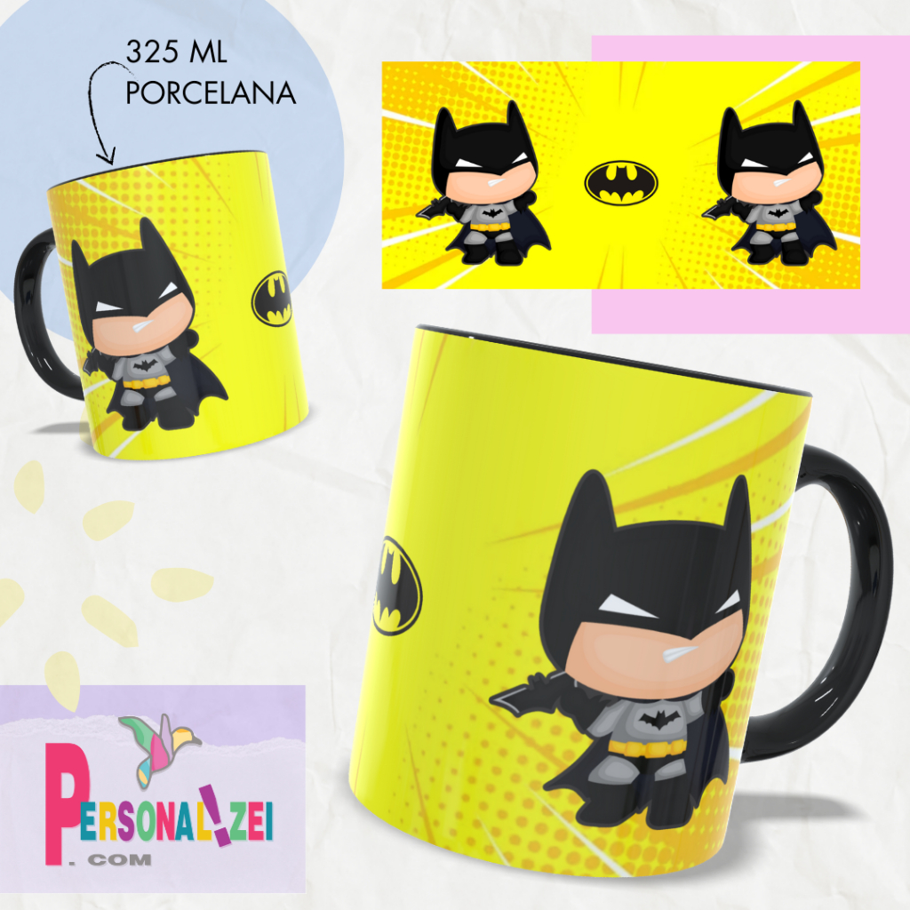 Caneca Porcelana Batman Caneca Personalizada Alça e Interior Preto Xícara Personalizada Batman