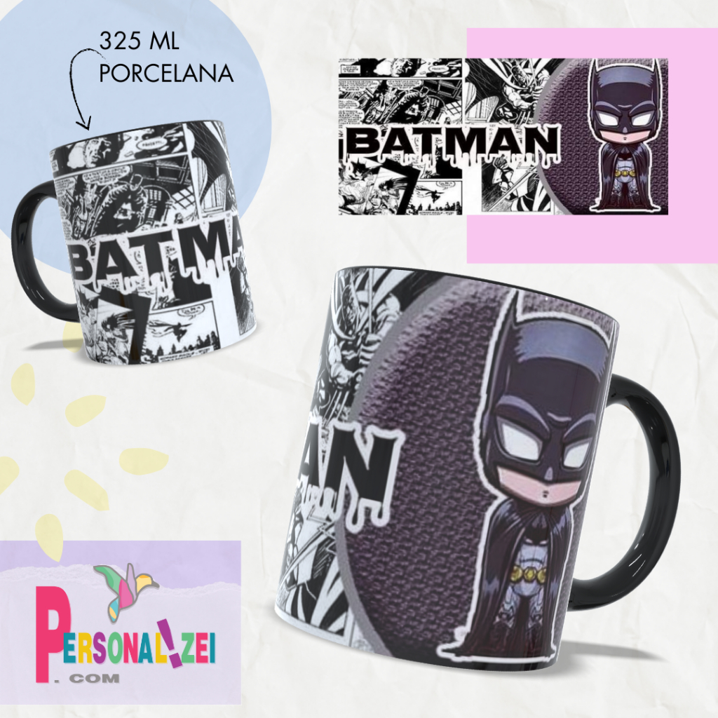 Caneca Porcelana Batman Personalizada Xícara Porcelana Batman Alça e Interior Preto Desenho