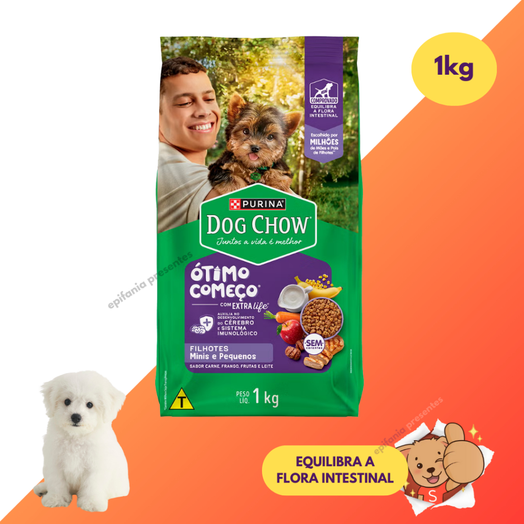 Ração Seca Dog Chow Filhotes Pequenos 1kg Pequeno Extra Life Carne e Frango Nestlé Purina Minis e Pequenos