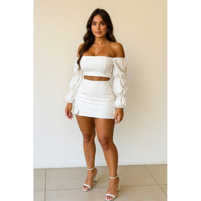 Conjunto Feminino  Short Saia Cintura Alta e Blusa Manga Princesa