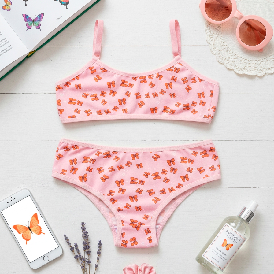 Conjunto Menina Moça Calcinha e Sutiã Sem Bojo Top Alcinha Regulável Estampado Liso Elástico