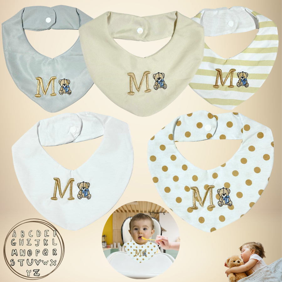 Babador Bandana Personalizado Inicial Do Nome Do Bebe Ursinho Duplo Bandana 100% Algodão Kit Com 5