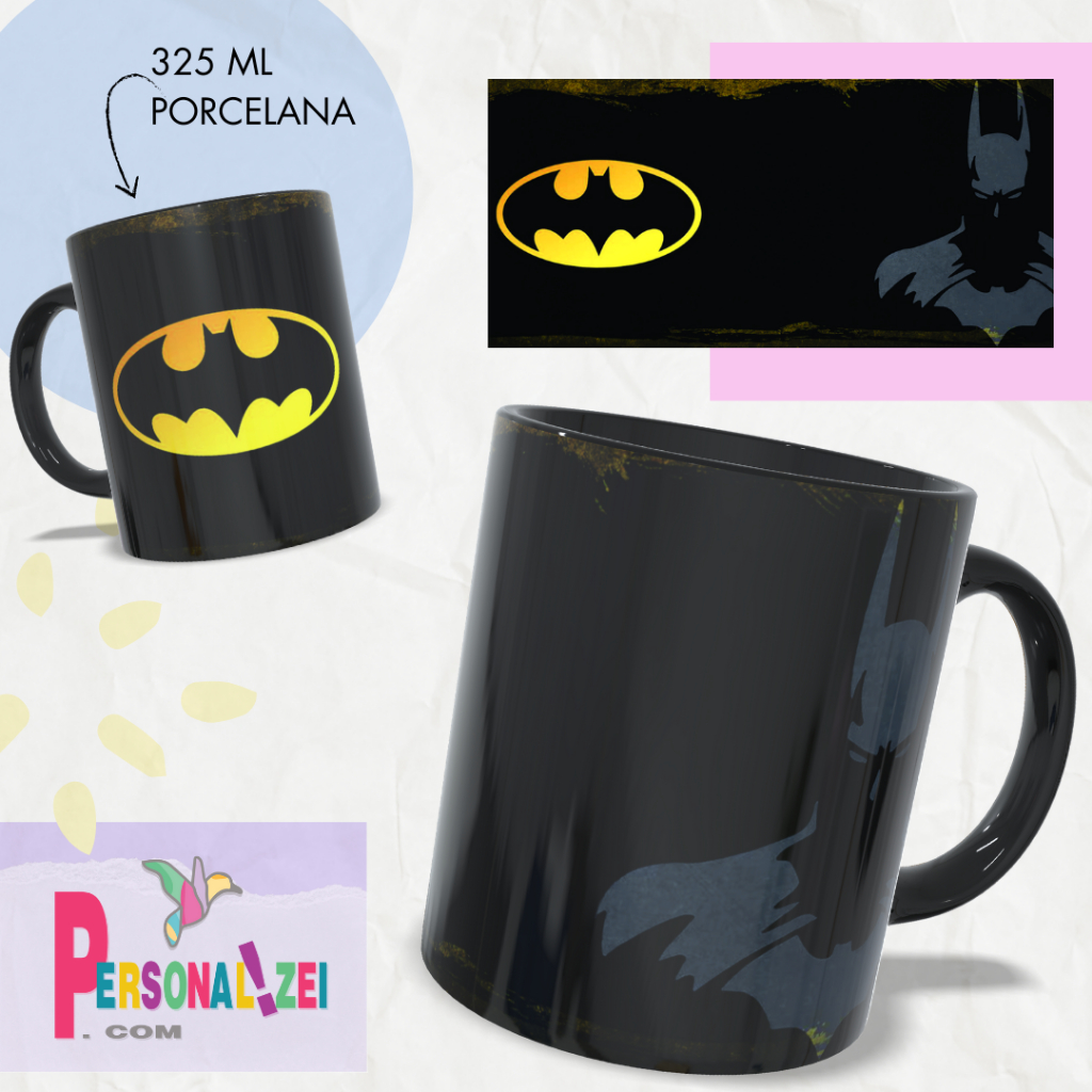 Caneca Personalizada Batman Xícara Personalizada Geek Alça e Interior Preto Batman Caneca Porcelana