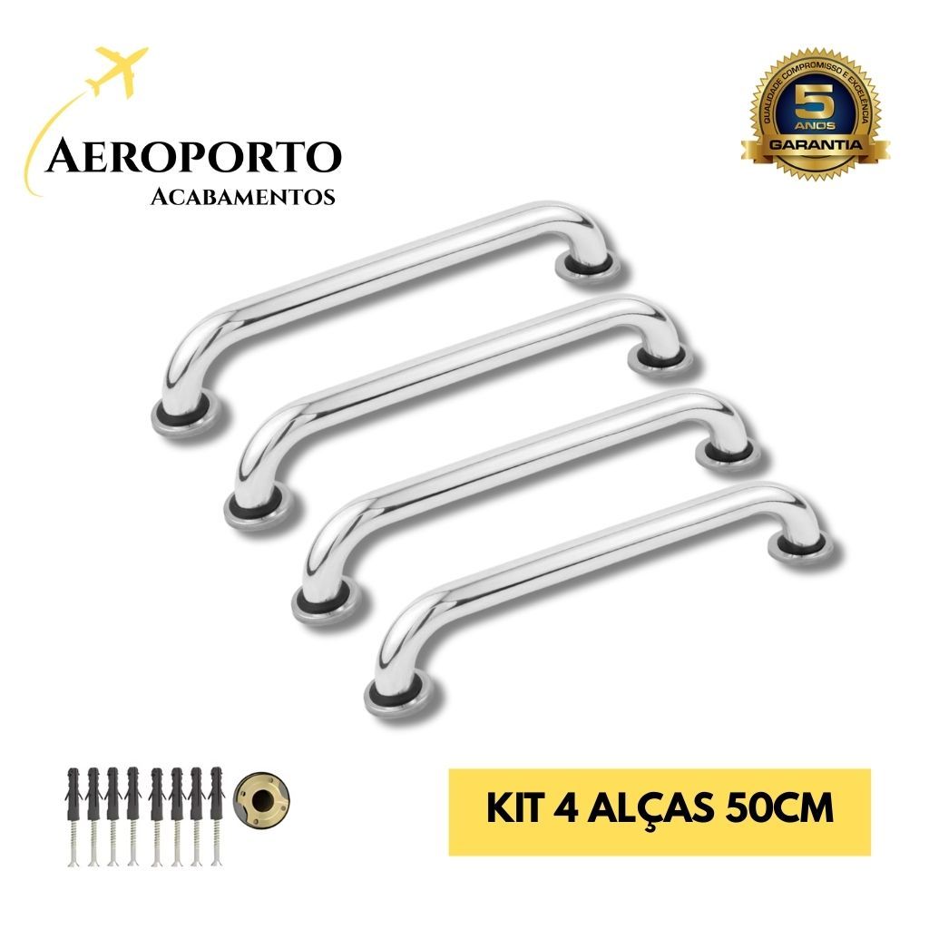 Kit 4 Unidades Alça de Apoio 50cm Alumínio Cromado – Banheiro Segurança PCD Idosos, Gestante