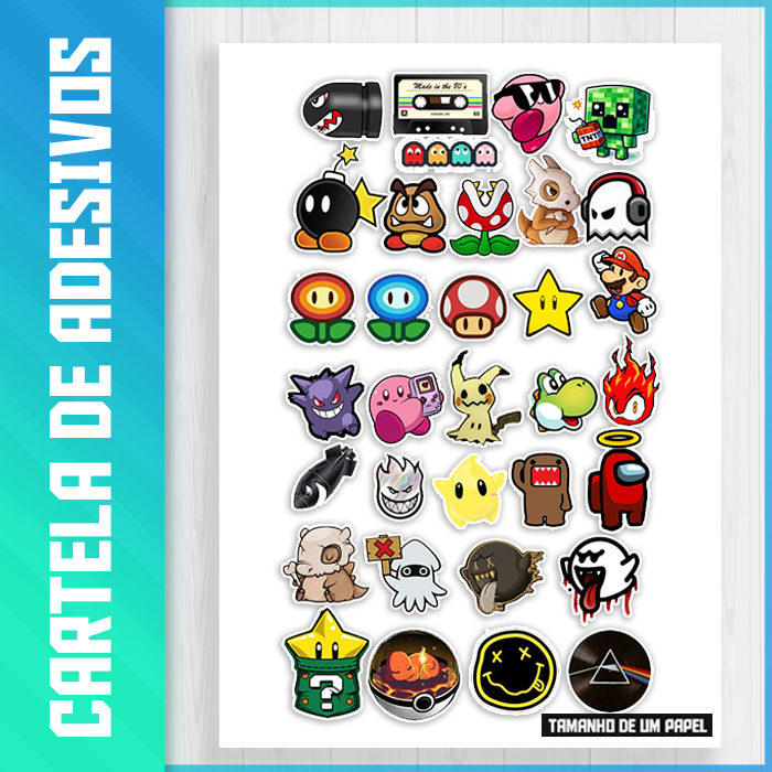 Cartela de Adesivos Game Retro, Vinil À Prova D'água, Videogame, Mario, Sonic, Nitendo, Stickers