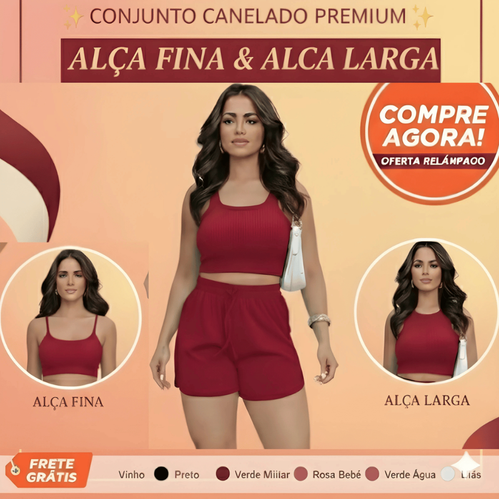 Kit Conjunto Feminino Canelado Premium: Alça Fina & Larga | Top Cropped + Short - Veste P ao GG em Oferta na Shopee