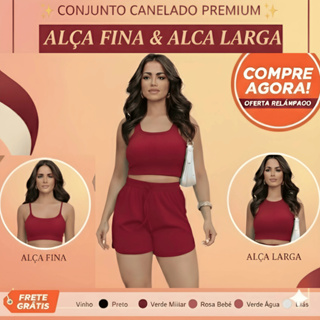 Kit Conjunto Feminino Canelado Premium: Alça Fina & Larga | Top Cropped + Short - Veste P ao GG em Oferta na Shopee