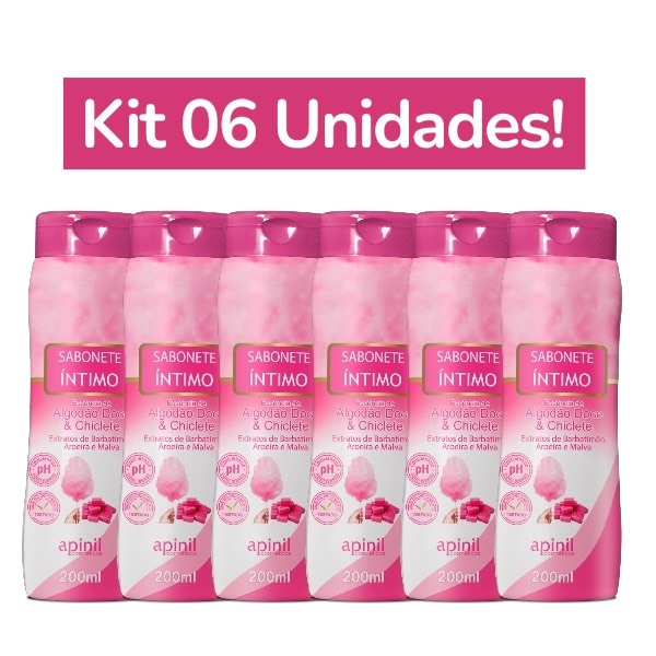 KIT 6 UNIDADES SABONETE ÍNTIMO ALGODÃO DOCE & CHICLETE 200mL APINIL em Oferta na Shopee