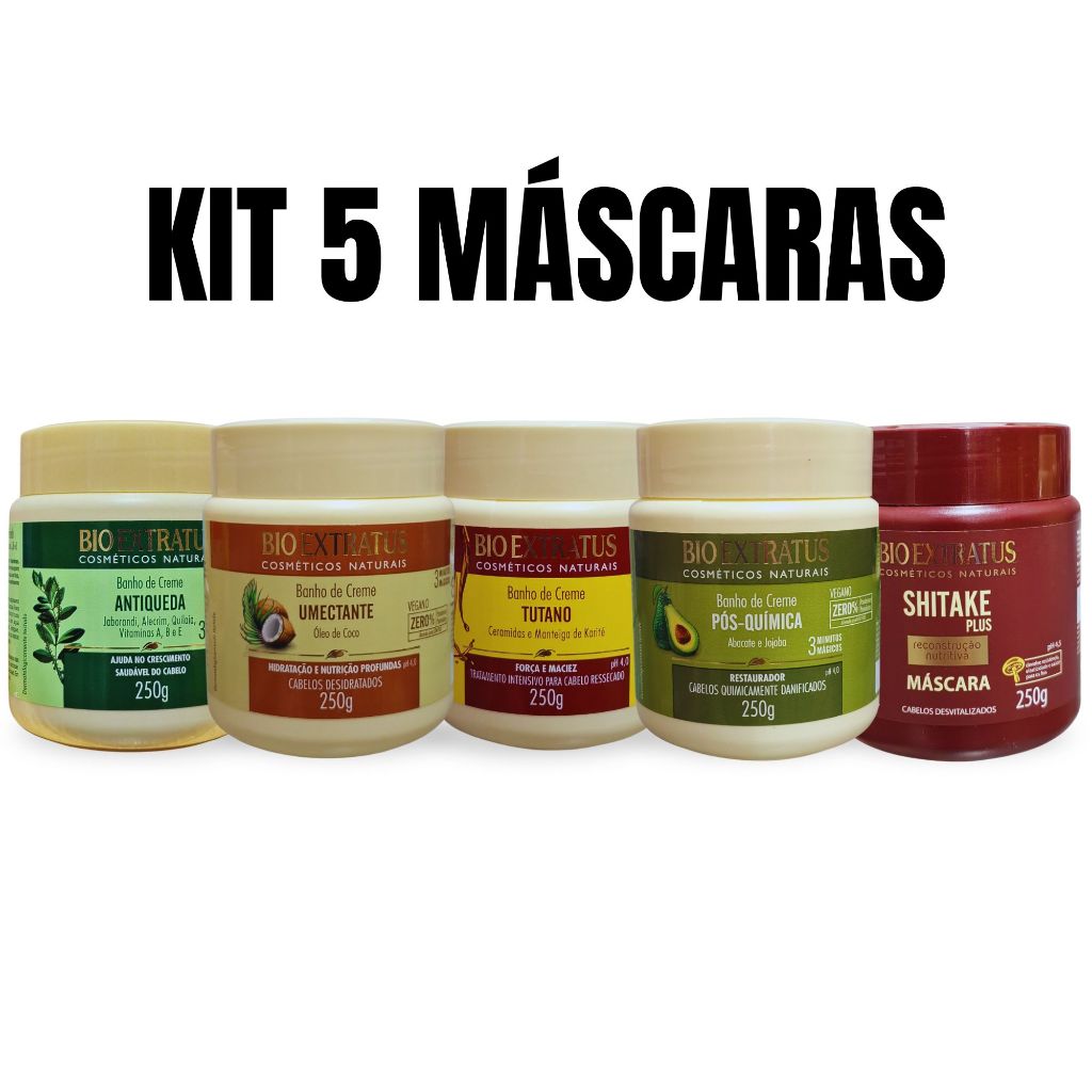 Kit 5 Máscaras BioExtratus 250g Banho Creme Jaborandi, Umectante, Tutano, Shitake, Pós Química