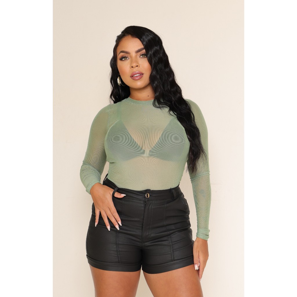 Body de Tule Bori Manga Longa Influencer COM ELASTICIDADE Transparente Gola Careca Com Fecho