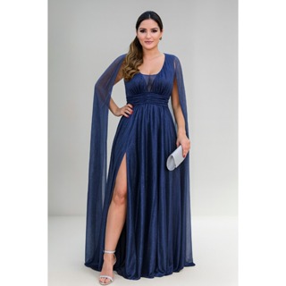 Vestido Longo Com Fenda E Capa Dupla Madrinha Tule Brilho em Oferta na Shopee