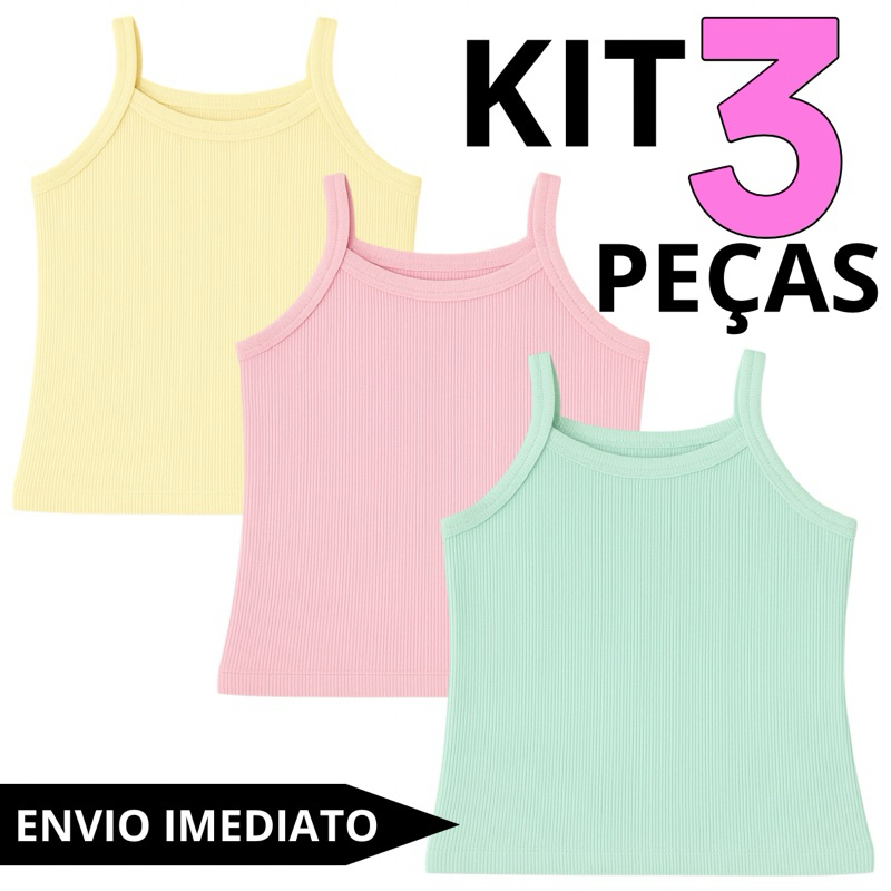 Kit 3 Blusa Regata de Alcinha Ribana Cores Sortidas Infantil Menina (0036) em Oferta na Shopee