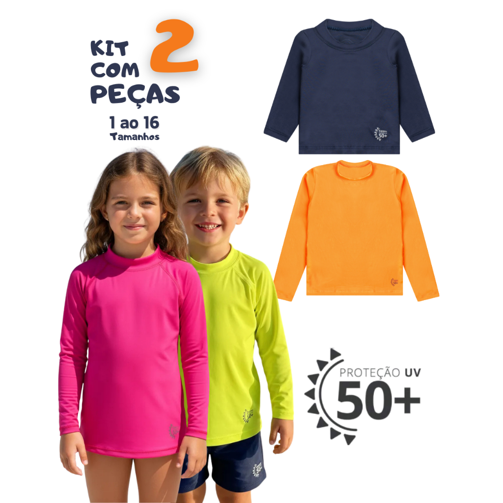 Camisa Proteção Solar Infantil Juvenil  Manga Longa Praia Piscina Blusa térmica UV 50+ Menina ou Menino UNISSEX