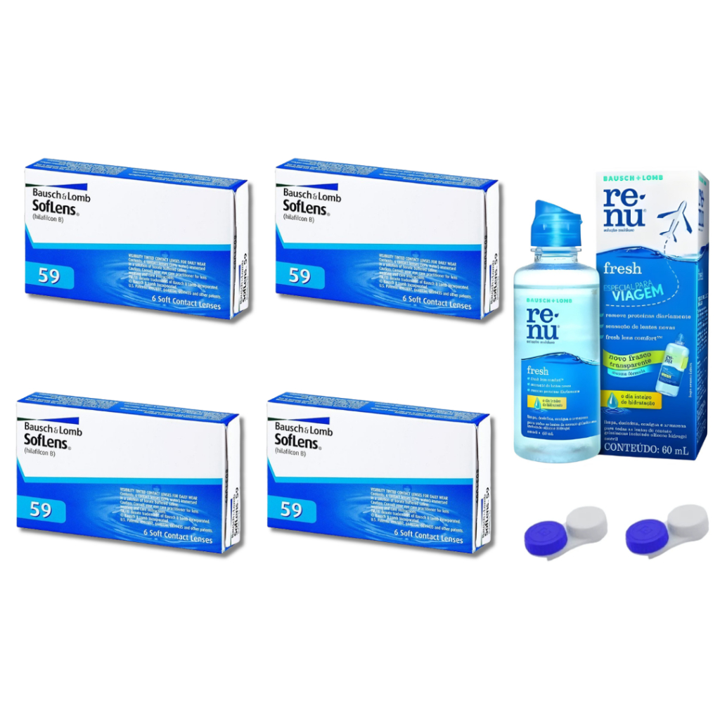 4 Caixas Lente De Contato Soflens 59 Incolor Bausch + estojo + Renu60ml