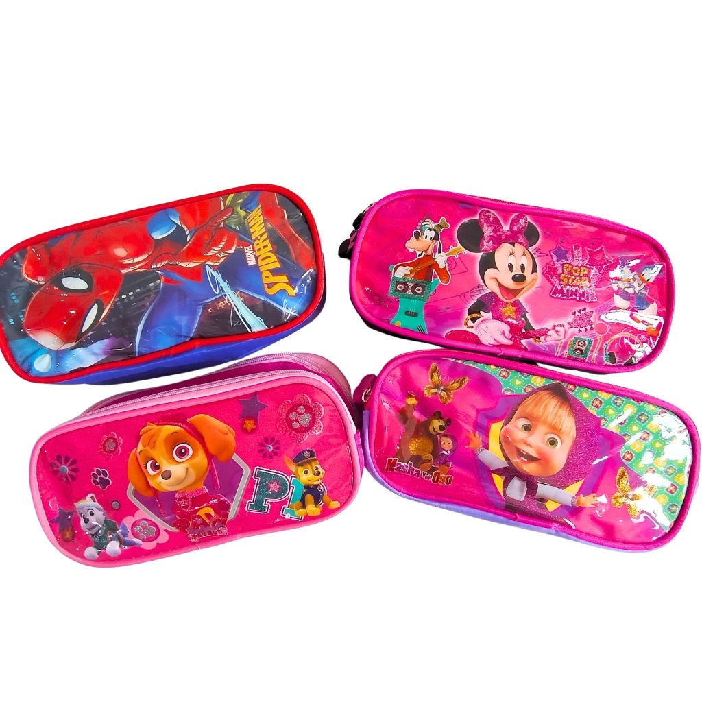 Estojo Duplo com Dois Ziper Escolar Homem Aranha / Patrulha Canina / Minnie e Masha em Oferta na Shopee