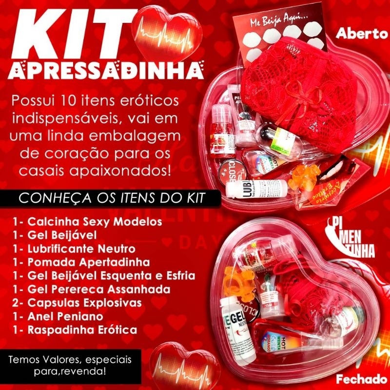 Kit Apressadinha coração 10 itens sex shop, calcinha, gel comestível, bolinhas, lubrificante em Oferta na Shopee
