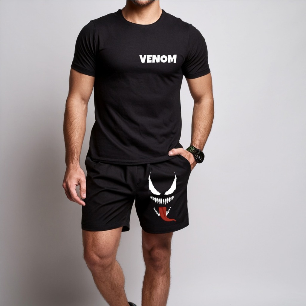 conjunto kit Camiseta camisa e Short Tectel Conjunto Masculino Venom Spider Homem Aranha Guerreiro  Básico Premium